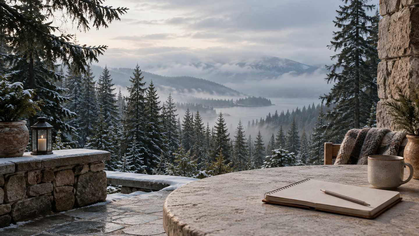 Blank field notebook on a stone terrace overlooking a misty evergreen forest